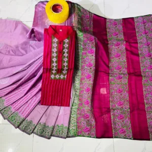 Couple Block Print Half Silk Sharee Block Print Dhupiana Silk Panjabi Model - HMS - 2024007