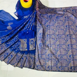 Couple Block Print Half Silk Sharee Block Print Dhupiana Silk Panjabi Model - HMS - 2024021