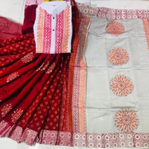 Couple Block Print Half Silk Sharee Block Print Dhupiana Silk Panjabi Model - HMS - 2024048