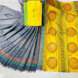 Couple Block Print Half Silk Sharee Block Print Dhupiana Silk Panjabi Model - HMS - 2024056