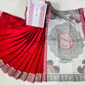 Couple Block Print Half Silk Sharee Block Print Dhupiana Silk Panjabi Model - HMS - 2024060