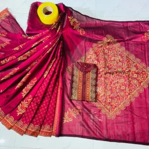 Couple Block Print Half Silk Sharee Block Print Dhupiana Silk Panjabi Model - HMS - 2024066