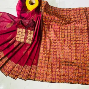 Couple Block Print Half Silk Sharee Block Print Dhupiana Silk Panjabi Model - HMS - 2024069