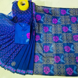 Couple Block Print Half Silk Sharee Block Print Dhupiana Silk Panjabi Model - HMS - 2024072