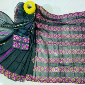 Couple Block Print Half Silk Sharee Block Print Dhupiana Silk Panjabi Model - HMS - 2024074