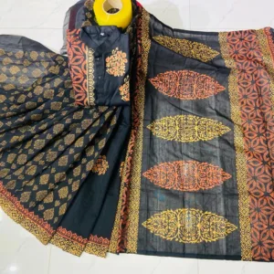 Couple Block Print Half Silk Sharee Block Print Dhupiana Silk Panjabi Model - HMS - 2024075