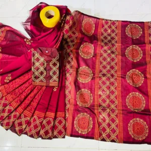 Couple Block Print Half Silk Sharee Block Print Dhupiana Silk Panjabi Model - HMS - 2024078